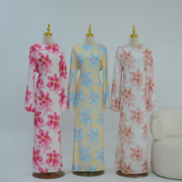 Nouvelle Abaya Loriya à imprimé floral aquarelle, col rond, manches longues évasées, robe longue modeste pour femmes musulmanes, idéale pour le quotidien et les fêtes