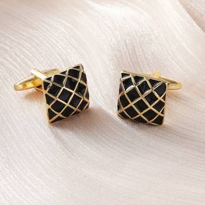 Boutons de manchette pour homme en laiton, agate, doré, émail noir, motif quadrillé, pour chemises de cérémonie, mariage, bleu, argent - Product Image 5