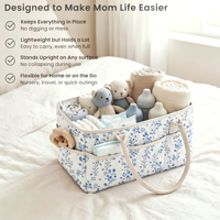 Organisateur de couches pour bébé, design floral, poignées en feutre, polyester résistant à l'eau, grande capacité, dessus ouvert, séparateurs amovibles