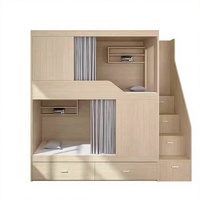 Lit superposé multifonctionnel en bois avec escalier de rangement et rideau d'intimité pour dortoir étudiant
