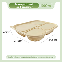 Boîte à lunch en amidon de maïs biodégradable et bambou, 4 compartiments, avec couvercle anti-fuite, certifiée FDA, pour micro-ondes