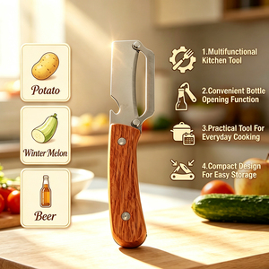 Éplucheur <span class=keywords><strong>de</strong></span> légumes multifonctionnel 2 en 1 pour la cuisine, lame en acier inoxydable, manche en bois, éplucheur <span class=keywords><strong>de</strong></span> pommes <span class=keywords><strong>de</strong></span> terre, fruits, asperges, ouvre-bouteille - Product Image 4
