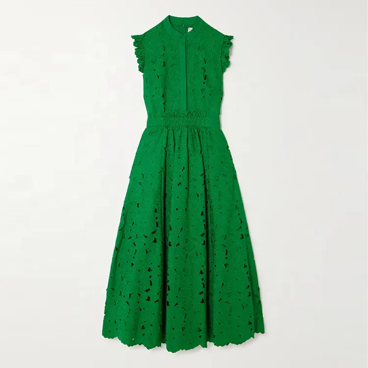 Clothing manufacturer custom spring summer green crew neck sleeveless elegant casual cotton lace women midi dress