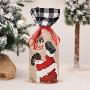 Copribottiglia Natalizio Creativo a Forma di Camino di Babbo <span class=keywords><strong>Natale</strong></span>, Design a Quadri Rosso e Nero in Lino per Champagne e Vino, Decorazioni da Tavola - Product Image 5