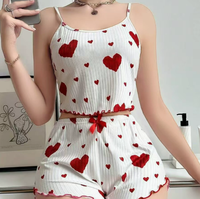 Pijamas Casuales de Verano para Mujer, Transpirables, de Punto Jacquard, con Tirantes Finos, Cintura Elástica, 2 Piezas, Lavado a Mano, Cuello Redondo