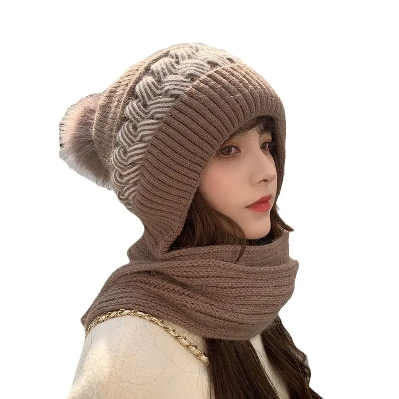 Cappelli invernali da donna sciarpa tutto in uno cappelli a cuffia con pompon fodera in pile caldo berretto a maglia per donna