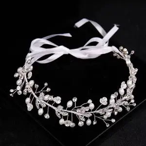 White Handmade Crystal Headdress Bridesmaid Bridal Wedding Wreath Hair Ornaments Korean-style Pearl Head Flower Hair Band