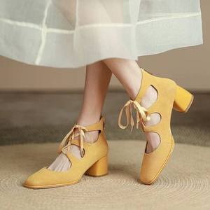 Lady Fashion <strong>Heel</strong> Shoe Women Sandal Dress Party Single <strong>Strap</strong> <strong>with</strong> Lace-Up Closure Thick <strong>Heels</strong> Height Increasing <strong>Closed</strong> <strong>Toe</strong> - Product Image 3