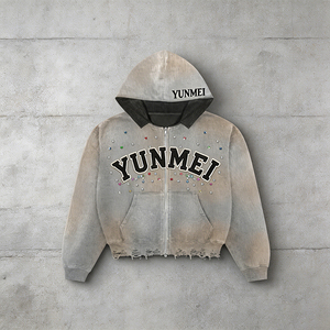 Felpa con Zip Yunmei per Uomo, Produzione Personalizzata con Ricamo, Colori a Blocchi, Effetto Lavaggio Acido, Strappata e Invecchiata, Felpa Pesante - Product Image 5