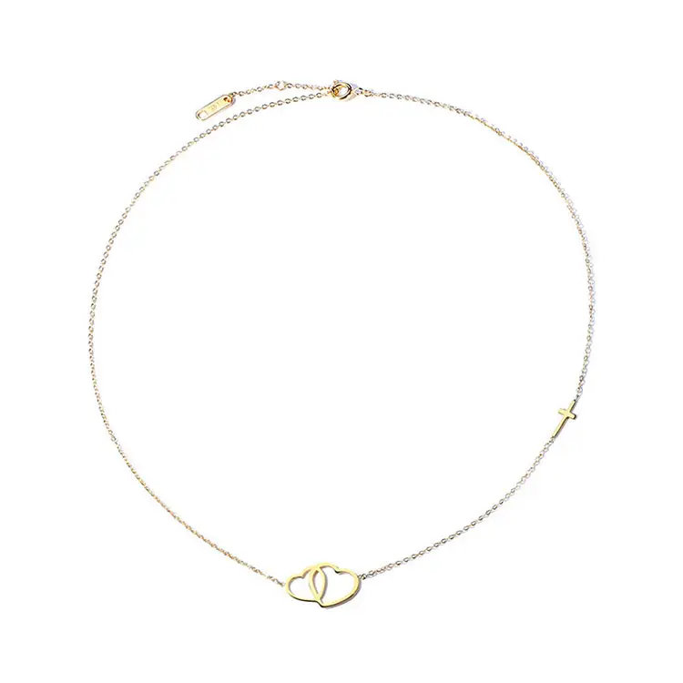 Fashion Stainless Steel Waterproof Women Jewelry Gold Min Cross Charm Double Open Heart Necklace