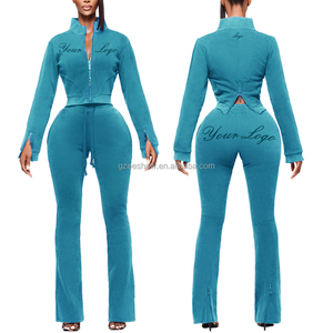 Của phụ nữ tùy chỉnh-thực hiện Logo Thời Trang rửa dây kéo giản dị đội mũ trùm đầu dài tay thêu áo và quần hai mảnh thiết lập - Product Image 2