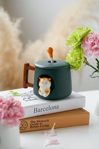 Taza de cerámica 3D para gatos con tapa y cuchara, perfecta para café, té, leche y más, regalo Ideal para amantes de los animales, 14 onzas (verde) - Product Image 4