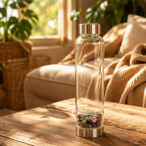 Bouteille d'eau élixir en cristal naturel infusé de pierres précieuses avec éclats d'améthyste et de quartz rose, 500 ml, avec bouchon paille et fonction de guérison - Product Image 3