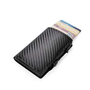 Cartera de cuero de fibra de carbono para hombre, portatarjetas pequeño rfid, cartera emergente moderna de alta calidad