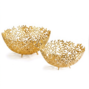 Ensemble de bols décoratifs en métal doré de qualité supérieure, motif feuille sculptée, faits à la main, décoration glamour pour la maison, centre de table pour les fêtes - Product Image 1