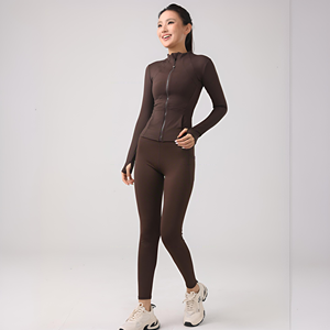 Set Yoga Wanita dengan Celana Ketat Bernapas Warna Solid & Jaket Slim Fit Logo Dapat Disesuaikan Promosi - Product Image 5