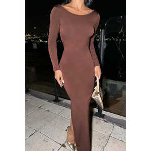 Vestido de Fiesta Largo de Satén Marrón con Manga Larga, Cuello Redondo, Corte en A, Largo hasta el Suelo, Talla XL, Estilo Sencillo con Detalles de Crochet, para Baile de Graduación - Product Image 2