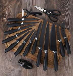 Ensemble de 17 couteaux de cuisine antiadhésifs en acier inoxydable, lames tranchantes, manche antidérapant en ABS, support à couteaux avec aiguiseur intégré, couleur - Product Image 2