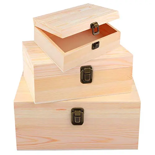 JUNJI — coffre au trésor en bois non fini, boîte d'emballage de bijoux en bois de pin décoratif, artisanat en bois, 3 pièces