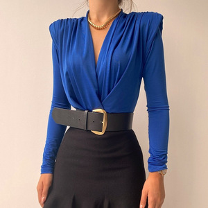 European American Style Women's V Neck Long Sleeve Bodysuit Solid Color Knitted Wrap <b>Tie</b> Blouse Everyday Wear FD9217 - Product Image 1