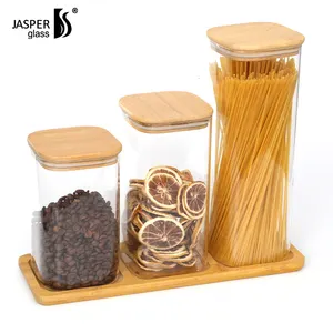 硼硅酸盐玻璃食品储存罐长方形和圆形玻璃罐与竹盖
