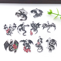 10 Breloques Dragon Gothique en Alliage Argenté avec Émail Noir et Blanc, Motif Aile Intricate et Effet Flamme, pour Collier/Bracelet DIY