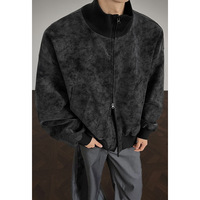 Veste de travail rétro pour homme en cuir PU gris uni avec fermeture éclair, coupe ample et col montant, idéale pour l'automne
