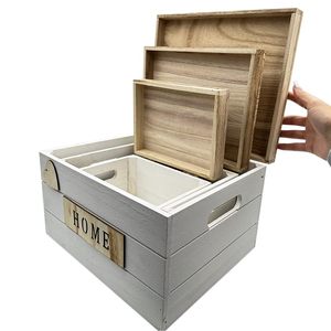 Ensemble de 3 boîtes de rangement en bois blanches empilables avec couvercles et poignées, boîte décorative pour la maison, pour l'organisation du salon et de la chambre - Product Image 5
