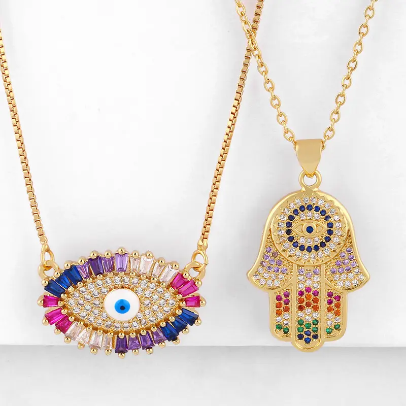 Gold Turkey Eye Hamsa Hands Fatima Palm Chain Necklace For Women Charm Copper CZ Jewelry