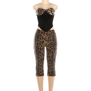 Viviblook Z0126ST02 Women New <b>Sexy</b> Leopard Print Color Blocked Strapless Vest Crop Top Sequins Cropped <b>Pants</b> Two Pieces Set - Product Image 4