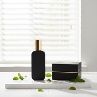 Flacon de parfum rectangulaire en verre mat noir, vide, avec pompe pulvérisatrice et boîte de sécurité enfant, faible MOQ, 30ml, 50ml, 100ml