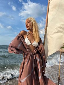 Brown Tie Dye Cotton Long Kimono Dress <b>Kaftan</b> Sleeves Waist Tie Open Front And Relaxed Flowy Fit For <b>Beach</b> Resort Wear Kimono - Product Image 6