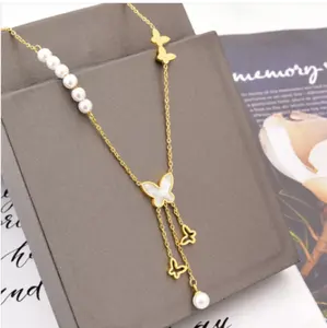 316L Stainless Steel New Fashion Fine Jewelry Pearl Butterfly Shell 3 Tassel Charms Chain Choker Necklaces Pendants For Women