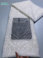 Tissu en dentelle de tulle blanc de luxe, lourdement orné de perles et de paillettes, brodé à la main, dentelle de mariée pour robe de soirée africaine 5024