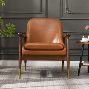 29.2'' Mid-Century Faux Leather Accent Chair with Cushioned Seat, Solid <b>Wood</b> <b>Frame</b>, and Brass-Tipped Legs - Product Image 2