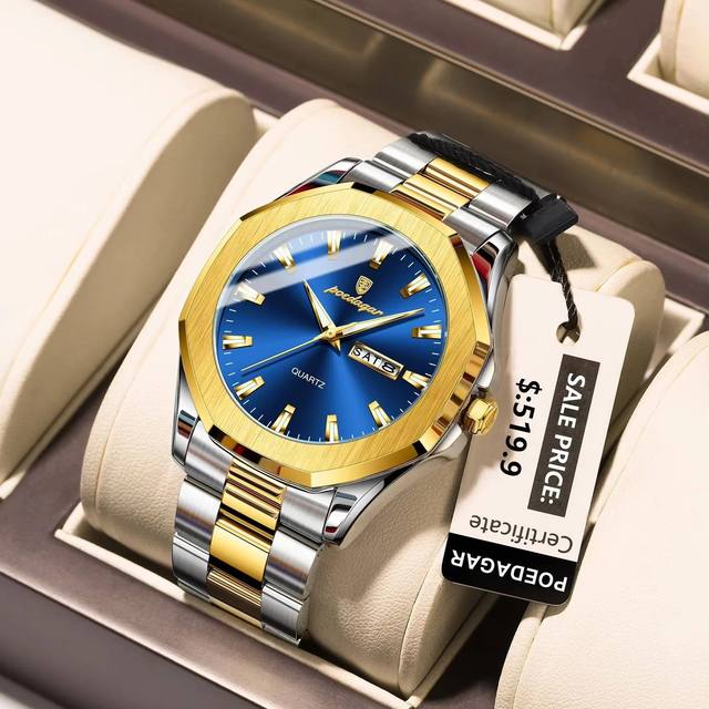 Luxury 875 Men's Stainless Steel Quartz Watch Water Resistant Business Auto Date Feature Luminous Oval Dial Glass 42mm Pointer