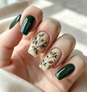 Uñas Postizas Green Leaf, Forma Cuadrada Mediana, Base <span class=keywords><strong>Verde</strong></span> Oscuro y Crema, Diseño de Ramas Pintadas a Mano, Puntas de Uñas Reutilizables - Product Image 3