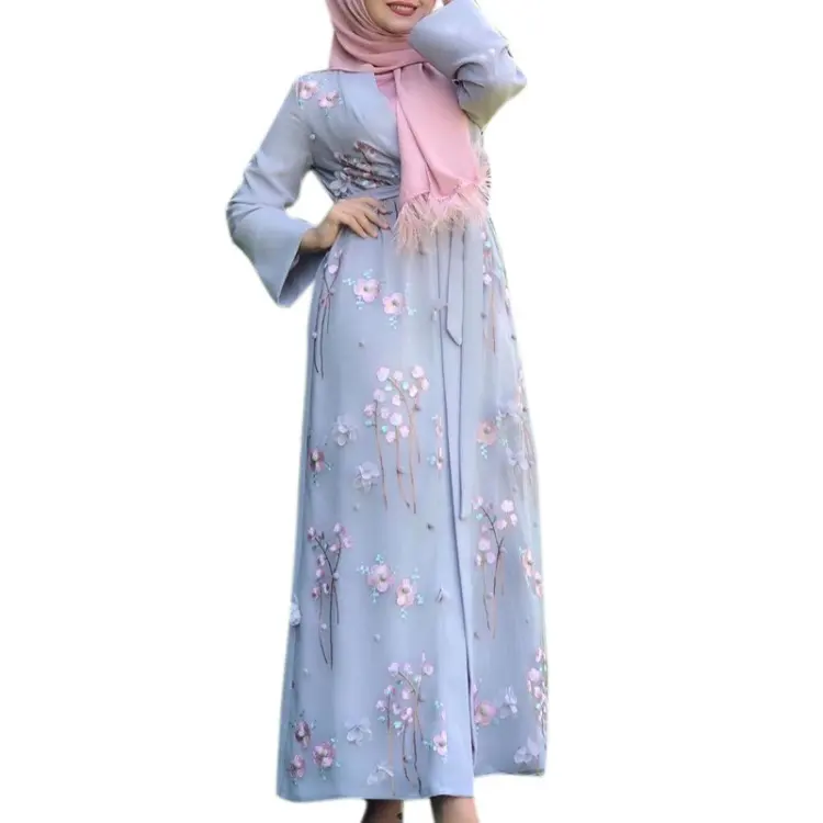 マレーシアドレスパキスタン女性用オープンフロントカーディガン刺繍花ローブアバヤロングドレス
