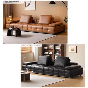 Divano Multoposto di Lusso in Vera Pelle di Vacchetta Gialla di Alta Qualità, Stile Minimalista Italiano, Design Lineare Nero - Product Image 6