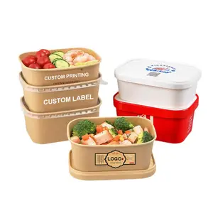 Ensaladera de papel cuadrado Kraft rectangular desechable impresa personalizada, contenedores de embalaje de alimentos para llevar con tapa