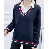 Pull-over en tricot de polyester unisexe à col en V et manches longues, style preppy, coupe ample, pour l'école, accessoires de classe JK, collection automne/hiver