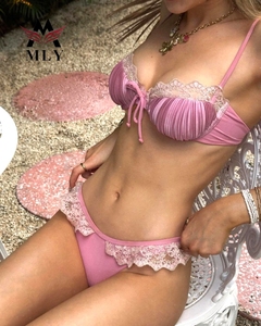 Hot Sales Ruched <strong>White</strong> Lace Ruffles Sexy Two Piece Swimwear Peach Comfortable Women <strong>Bikini</strong> <strong>Sets</strong> - Product Image 3