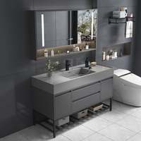 Kabinet Kamar Mandi Mewah Abu-abu Matte Solid Surface Modern yang Dipasang di Dinding dengan Set Cermin LED Pintar