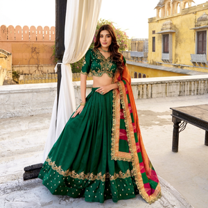 Green Vichitra Silk Digital Printed Embroidered <b>Lehenga</b> Choli Set Orange Dupatta for <b>Women</b> Traditional Indian Wedding Wear - Product Image 1