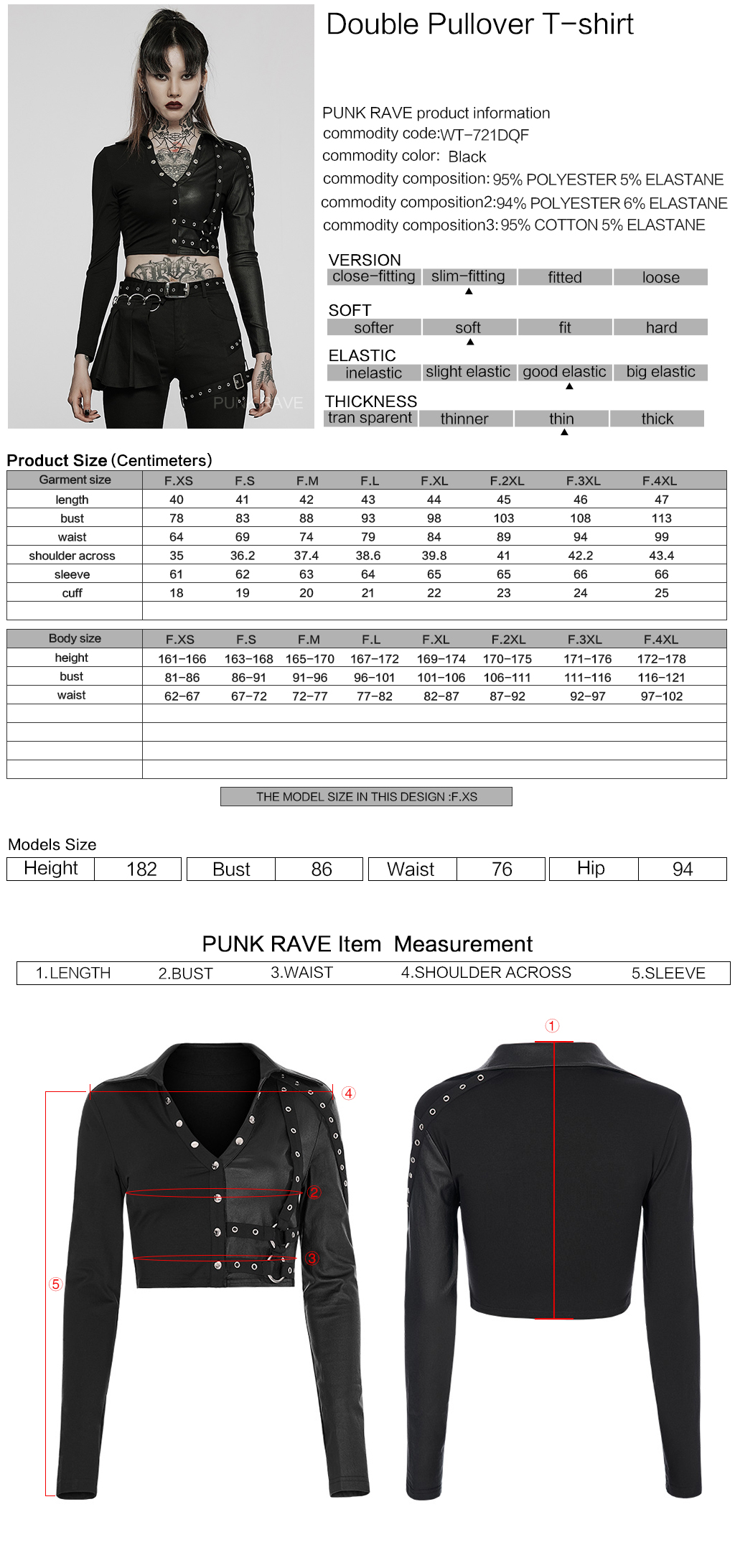 Punk Rave WT-721DQF Elastic Slim Fit Double Color Spliced V Neck Long Sleeve Loops Decorated Woman Pullover T-shirt