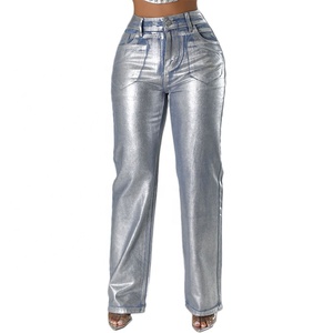 Jeans en denim de taille haute pour femmes, de haute qualité, coupe droite et décontractée, solide délavé léger pour maman - Product Image 1