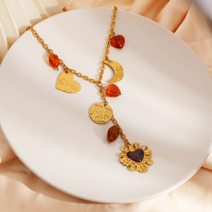 Collar Chapado en Oro Estilo Europeo Americano con Dijes de Corazón y Luna, Colgante de Ámbar, Cadena de Clavícula en Forma de Y Retro, Regalo - Product Image 3