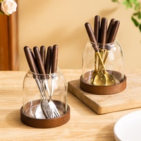 Support de Couverts en Acier Inoxydable avec Base en Bois et Verre Ambré – Organisateur Multifonctionnel pour Ustensiles de Cuisine et Spatules