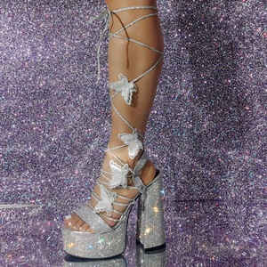 2026 Trendy Spice Girl Rhinestone Butterfly Lace Up <b>Platform</b> <b>Block</b> <b>Heel</b> Plus Size 46 High <b>Heel</b> Sandals - Product Image 1