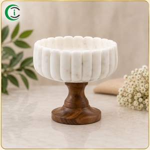 Luxury <b>White</b> Marble <b>Bowl</b> 7 Inch with Wooden Base Elegant Round <b>Serving</b> <b>Bowl</b> for Fruits Dry Snacks Kitchen Decoration Dining - Product Image 1